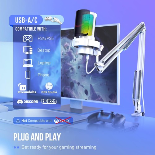 USB Gaming Microphone Kit RGB Condenser Mic PC Streaming Podcast Boom Arm White - 第 4/7 張圖片