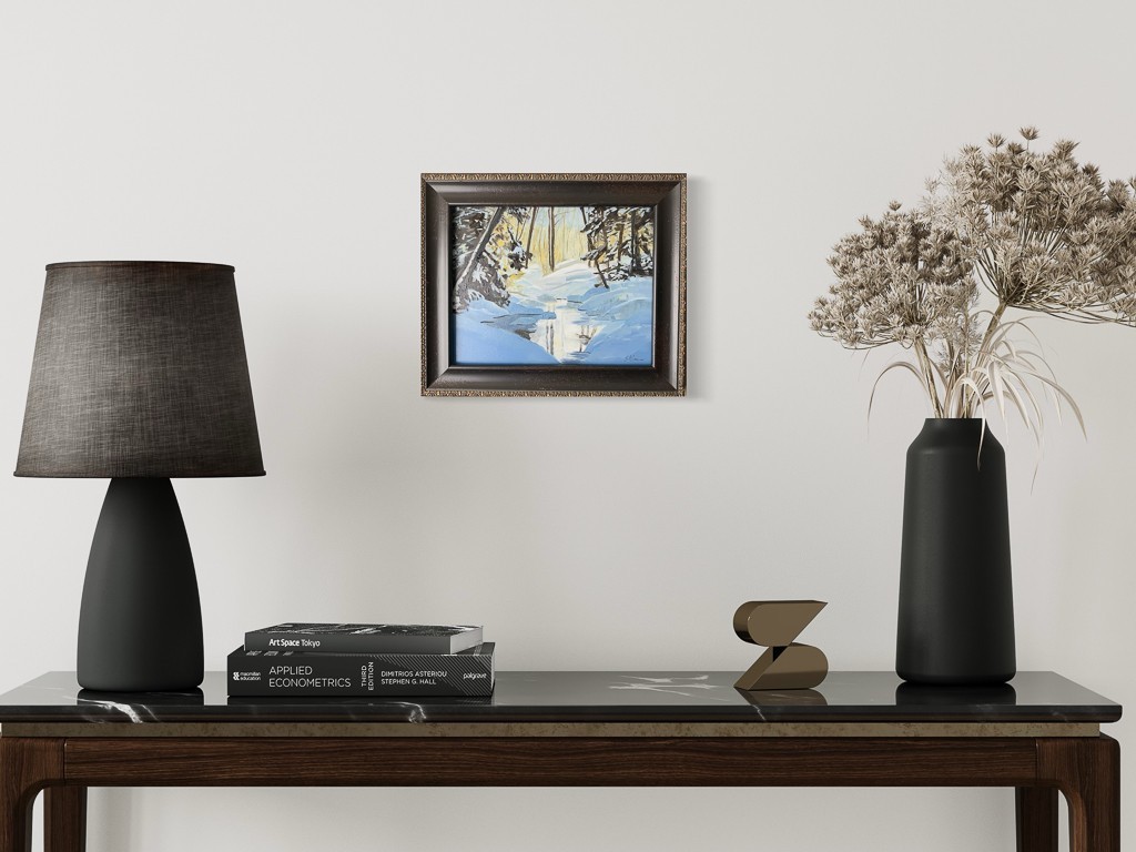 Framed Original Oil Painting Landscape Winter Snowy River Trees 10.5x12.5 Signed