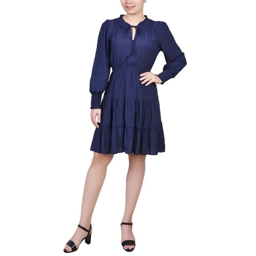 NY Collection Navy Blue Long Sleeve Tiered Ruffle Neck Dress Petite XL NWT