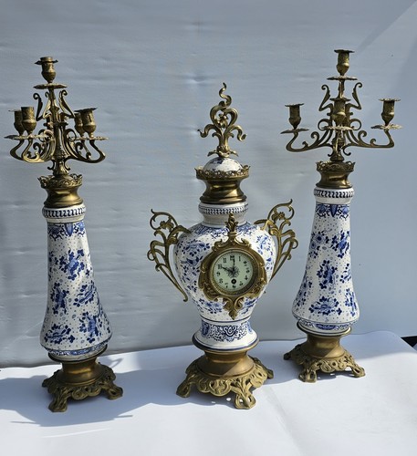 Delft Blue And White Clock Set Graniture Timepiece Movement Impressive Size 80cm - Picture 2 of 24