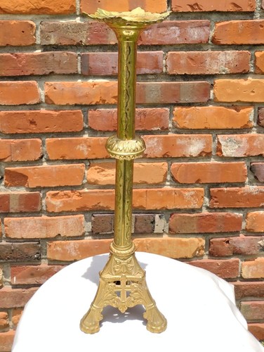 Gothic Revival 18-in Brass Engraved Church Candlestick 3 Ft Victorian Antique - Picture 2 of 16