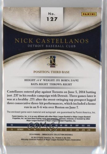 2014 Panini Immaculate Rookie Material Prime /99 Nick Castellanos #127 Auto RC - Foto 2 di 4