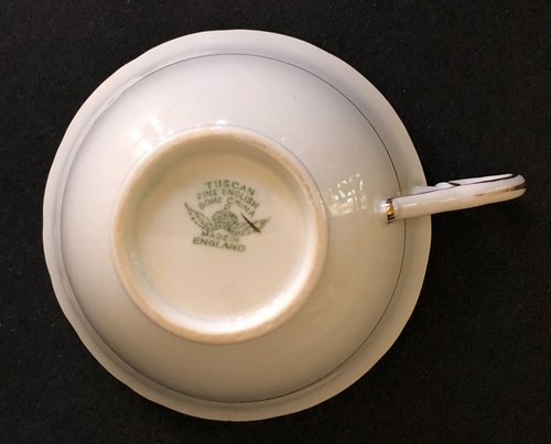 Taza de té y platillo toscano vintage codorniz azul pájaro uvas hueso China Inglaterra de colección - Imagen 5 de 10