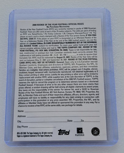 2000 Bowman Rookie Of The Year Promotion - Thomas Jones /250 Made - Picture 2 of 2