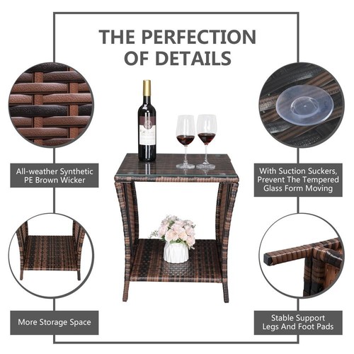 All-weather Square Wicker Rattan Side Tea Table Patio Furniture with Glass Top - Picture 11 of 11