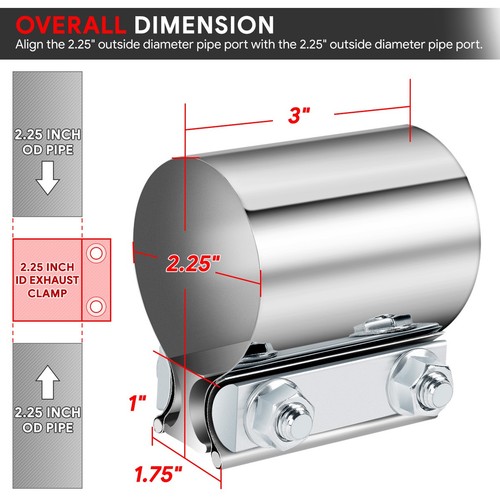 1Pc 2.25" T304 Stainless Steel Butt Joint Band Muffler Exhaust Pipe Clamp Sleeve - Bild 5 von 6