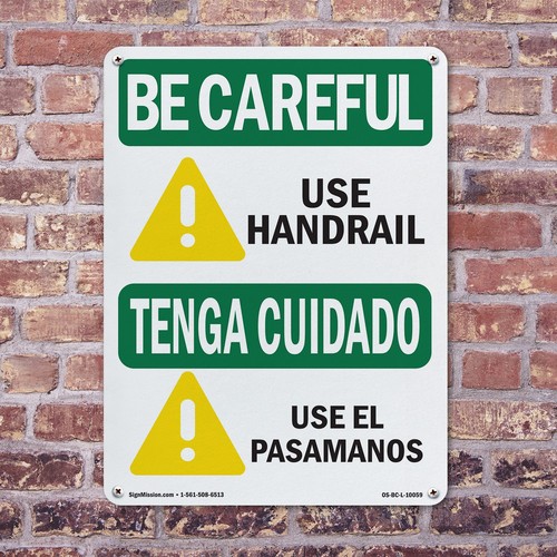 Use Handrail With Symbol Bilingual OSHA Be Careful Sign Or Decal - 5 or 10 Pack - Picture 5 of 51