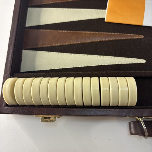Backgammon Brown Leatherette Vintage 18 X 11 Large Set Complete - Picture 6 of 18