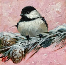 Chickadee Bird decor Original Painting On Panel 6 X 6 Inches