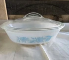 Vintage Milk Glass Baking Dish With Lid Blue Thistle Pattern 1960s Casserole