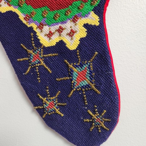 Vtg Handmade Needlepoint Beaded Stocking Herald Angel Christmas  Red Velvet - Picture 4 of 15