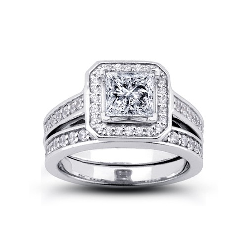 1.42ct D-SI1 Princess Natural Diamonds Plat Halo Ring with Wedding Band - Picture 1 of 3
