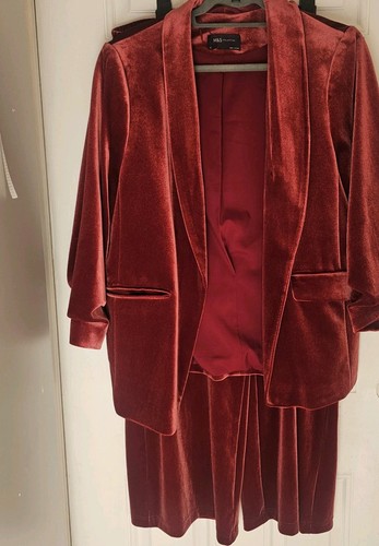 M&S deep red velvet trousers suit sz 18 20 ruched 3/4 sleeves & wide leg stretch - Picture 8 of 13