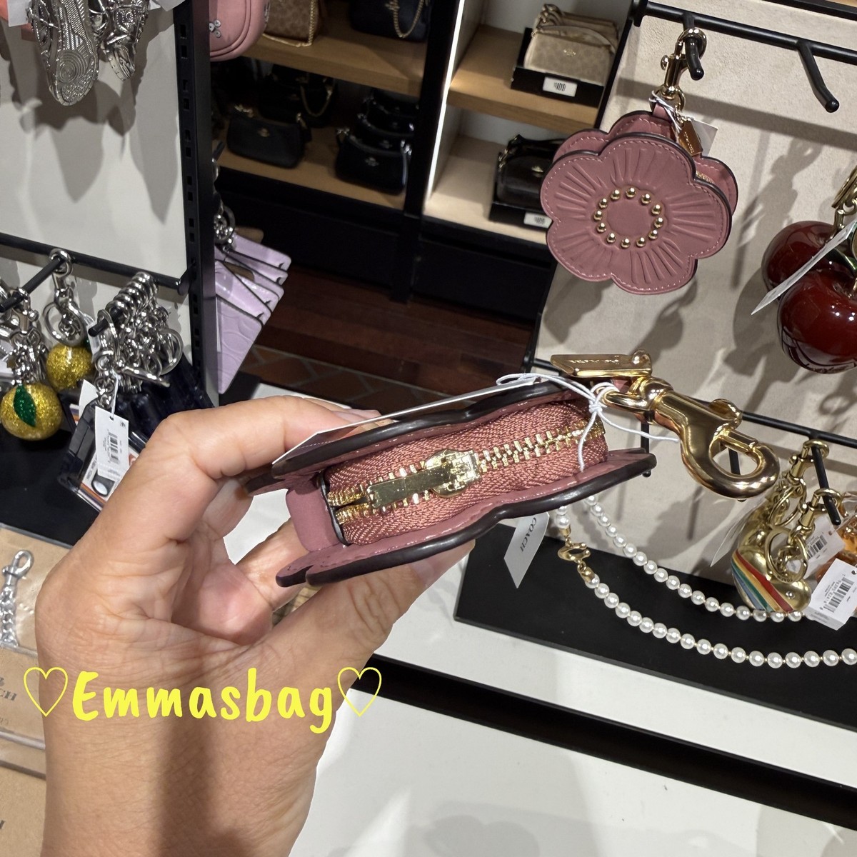 Coach Tea Rose Pouch Bag Charm Wallet Gold/Peony Pink Smooth