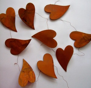 6-Foot-Garland-Flat-Craft-Rusty-Tin-Cut-Out-9-Folk-Hearts-2-5-034-Primitives-Rustic