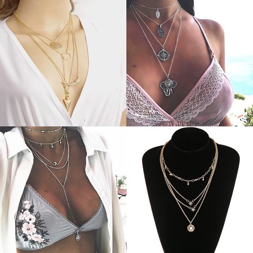 US Boho Women Multi-layer Long Chain Pendant Crystal Choker Necklace Jewelry