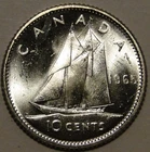BU UNC Canada 1965 silver dime blue nose 10 cent 10c from bank roll