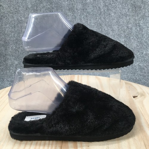 Old Navy Slippers Womens 7 Mules Flats Slip On Black Faux Fur Lined Closed Toe - Picture 1 of 15