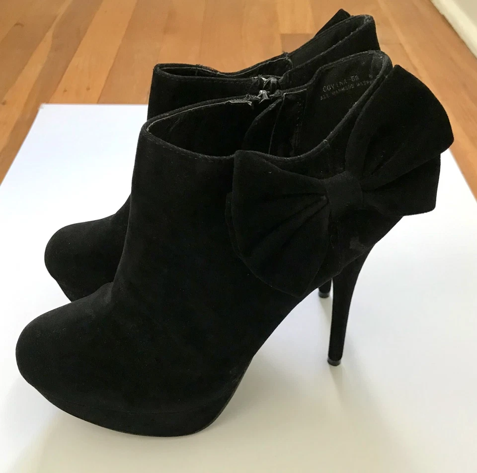 Mujer Terciopelo Negro Botines Botas Tacones Altos con Lazo, Cremallera, Talla 8.5 Y2K Foto 3 de 4