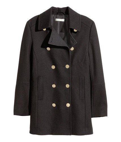 H&M DOUBLE BREAST PEA COAT WOOL BLEND TWILL TOP JACKET BLACK GOLD BUTTON LINED - Picture 3 of 8