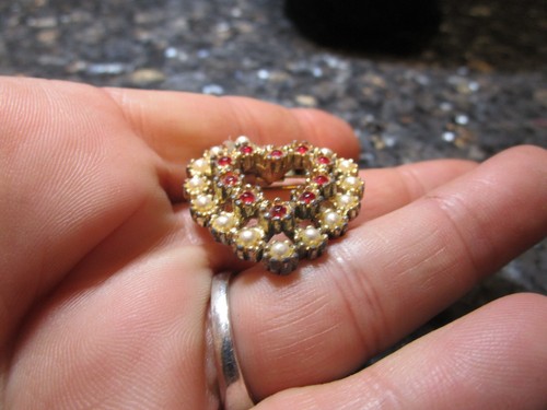 Vintage Heart Brooch Pin faux Pear with Red Rhinestones 1960's - Picture 2 of 5