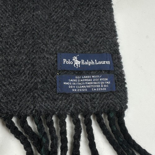 Polo Ralph Lauren Blue Label Lambswool Reversible Fringe Scarf Grey Green Plaid - Picture 5 of 8