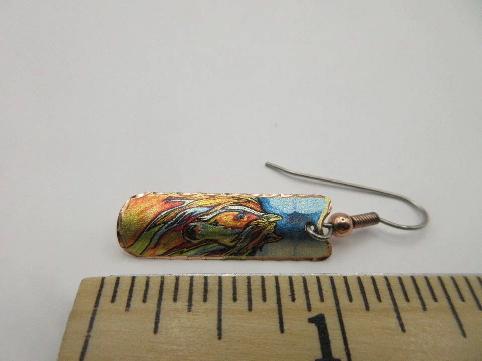 1" Handmade Boho Copper Estuarian Colorful Horse Drop Earrings Etched Artisan - Image 3 of 4