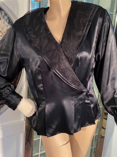 Black Organza Evening Blouse 10 Double Ruffle Label Long sleeve Peplum hem - Picture 2 of 9
