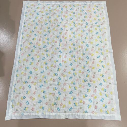 Vintage 80s Handmade Care Bear Patchwork Silky Trim Baby Quilt Blanket OOAK - Picture 2 of 12