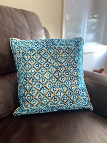 Blue Pillow Cover Cushion Cover Embroidered Pillow 16 Inch Pillow Boho Decor - Picture 4 of 7