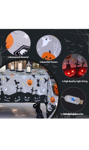 Halloween Tablecloth with Lights 54” x 108” Rectangular Waterproof Fabric... - Picture 5 of 5
