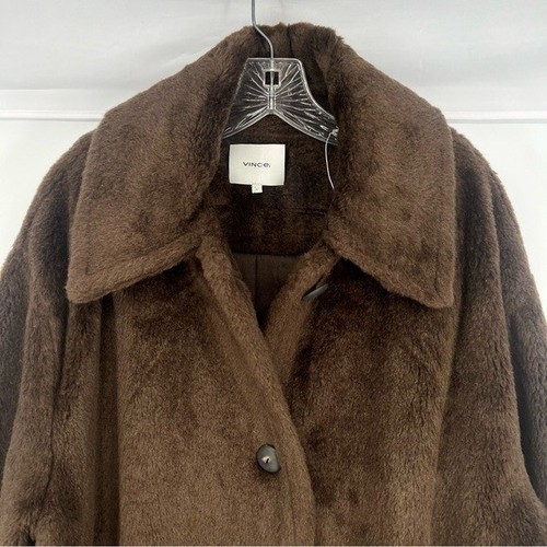Vince Wool Blend Faux Fur Brown Collared Classic Designer Long Teddy Coat Large - Bild 5 von 11
