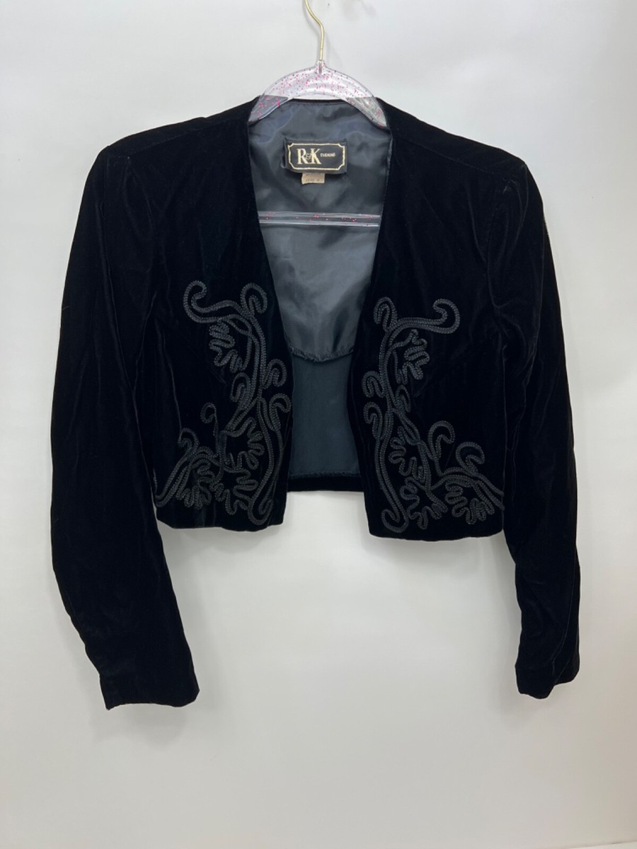 R K EVENING Black Velvet Velour Dressy Holiday Short Jacket