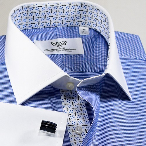 ELegant Blue Oxford Business Dress Shirt Blue Windmill Inner Lining French Cuff - Picture 7 of 9