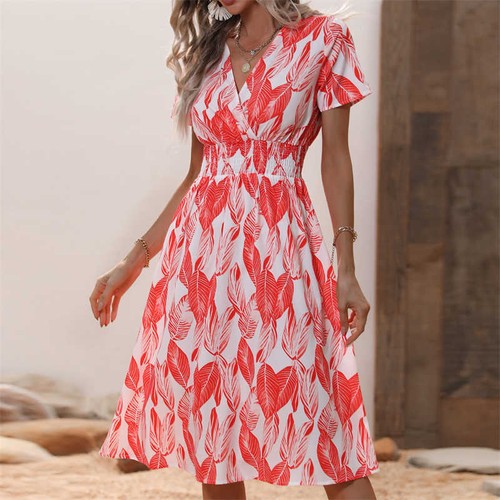 Women Skirt Summer V-Neck Small Floral Print Middle Dress Short Sleeve - Bild 30 von 40