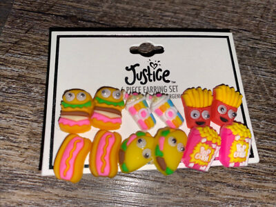 Justice 6 Pair Hamburger Taco fries Popcorn Google Eye Food Earrings