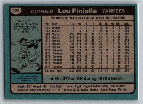 1980 Topps Lou Piniella #225 - Picture 2 of 2