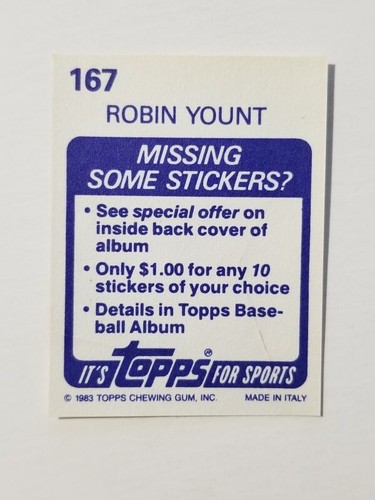 ROBIN YOUNT 1983 TOPPS BASEBALL STICKER #167 MILWAUKEE BREWERS - Picture 2 of 2