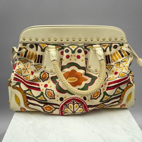 PRADA Canvas Canapa Embossed Studded Bag Weekender Boho Cream Gold 13981 - Picture 8 of 24