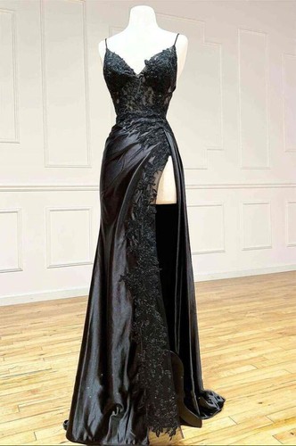 Black Sexy Evening Dresses Spaghetti Straps Side Split Mermaid Prom Party Gowns - Picture 4 of 6