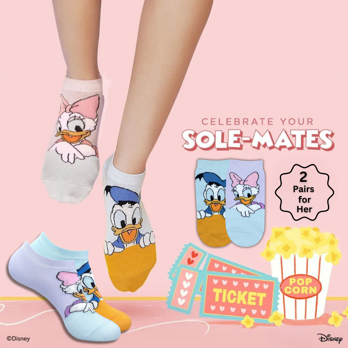 Disney Socks 2 Pairs Women Lowcut Socks Disney Donald Daisy Duck