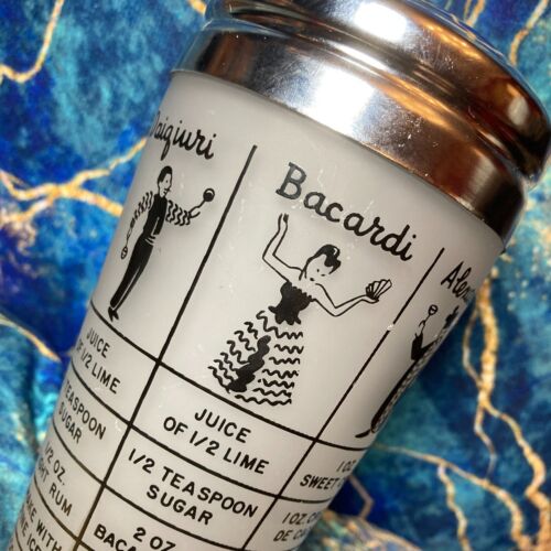 Vtg 30s Frosted Glass Chrome Art Deco Recipe Martini Cocktail Shaker MCM Atomic - Picture 4 of 4