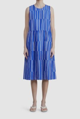 Lafayette 148 New York Cass Beach Stripe Linen Blend Dress in Lapis Blue Multi