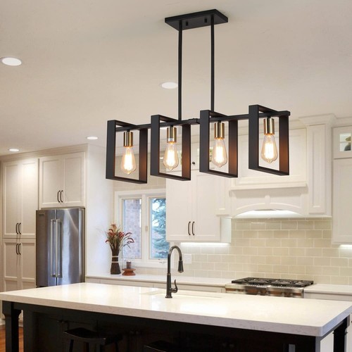 9MMML 4 Lights Wood Chandelier,Industrial Rectangle Linear Dining Room Pendan... - Picture 6 of 10