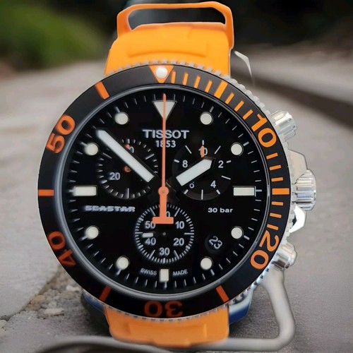 Tissot Seastar 1000 Herren schwarzes Zifferblatt orange Kautschukband - T120.417.17.051.01
