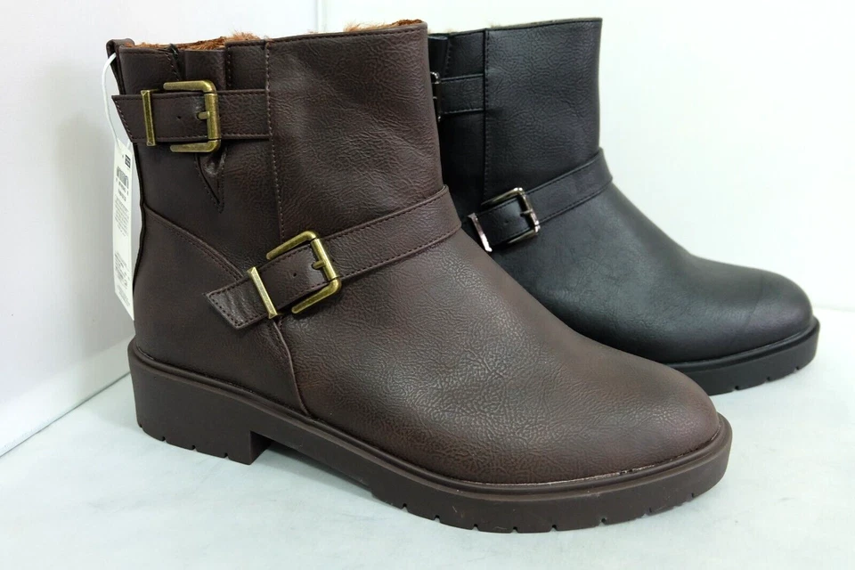 MARKS AND SPENCER Ex M&S Buckle Detail FAUX LETHER Ankle BIKER STYLE Boots with Insolia Flex