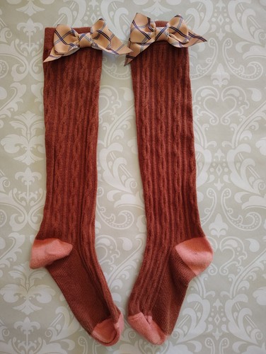 Girls Matilda Jane Just Imagine Etta Knee High Socks Brown Plaid Bow Medium 9-13