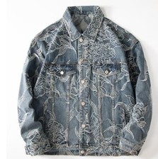 Mens Blue Black Denim Jean Jacket Casual Coat Embroidery Motorcycle Punk Hip Hop