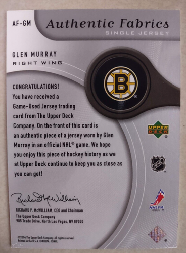 05-06 SP Juego Usado GLEN MURRAY NHL Bruins Juego Usado JERSEY NEGRA Swatch S&H GRATIS - Imagen 2 de 2