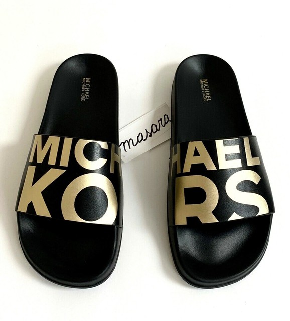 Womens Michael Kors MK Slides Slip on Sandal Pale Gold/black Metallic PU 8 for sale online | eBay